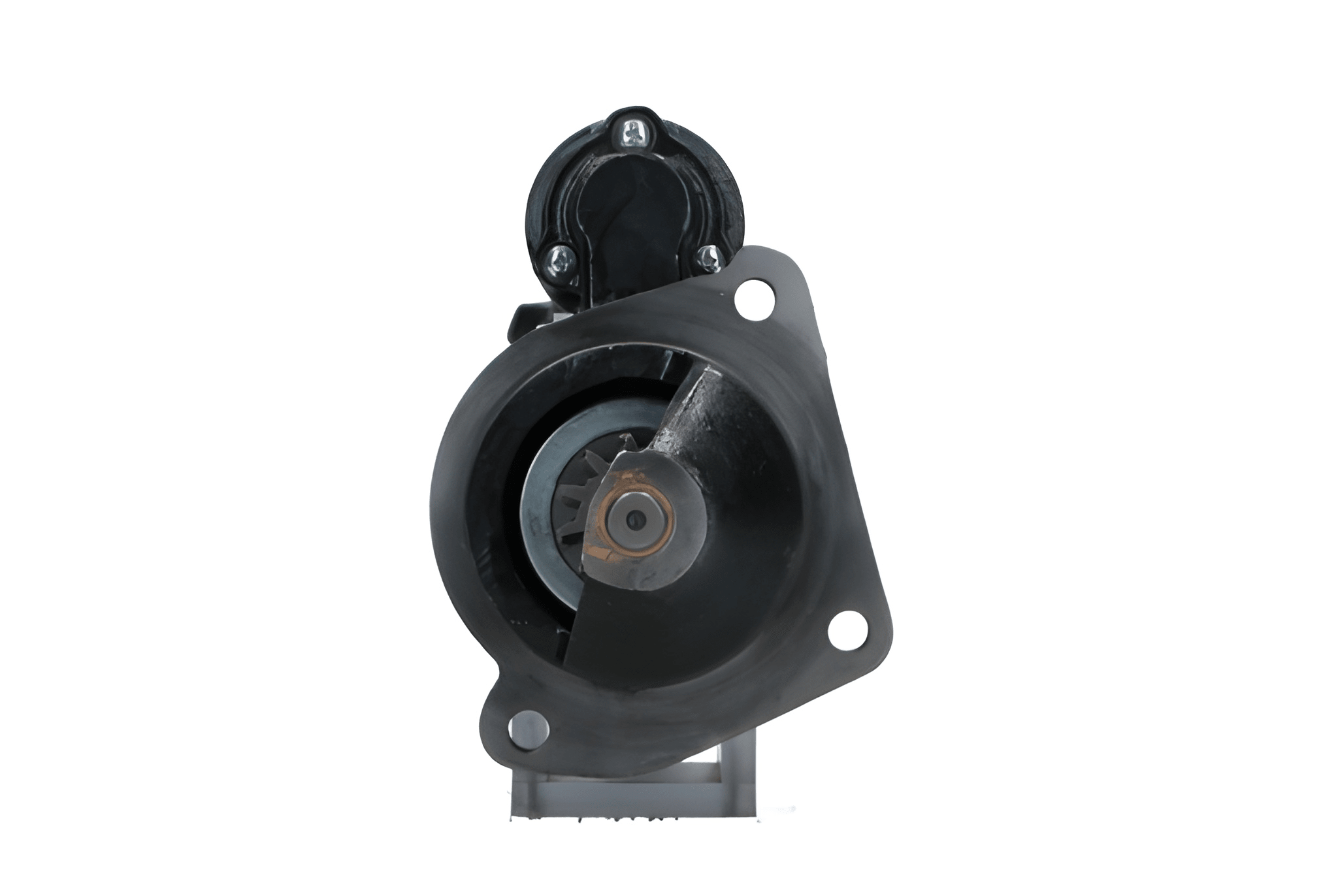 front view of A black JCB 12V starter motor for a vehicle, 4.2KW with visible mounting points and electrical connectors.