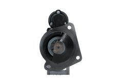 front view of A black JCB 12V starter motor for a vehicle, 4.2KW with visible mounting points and electrical connectors.