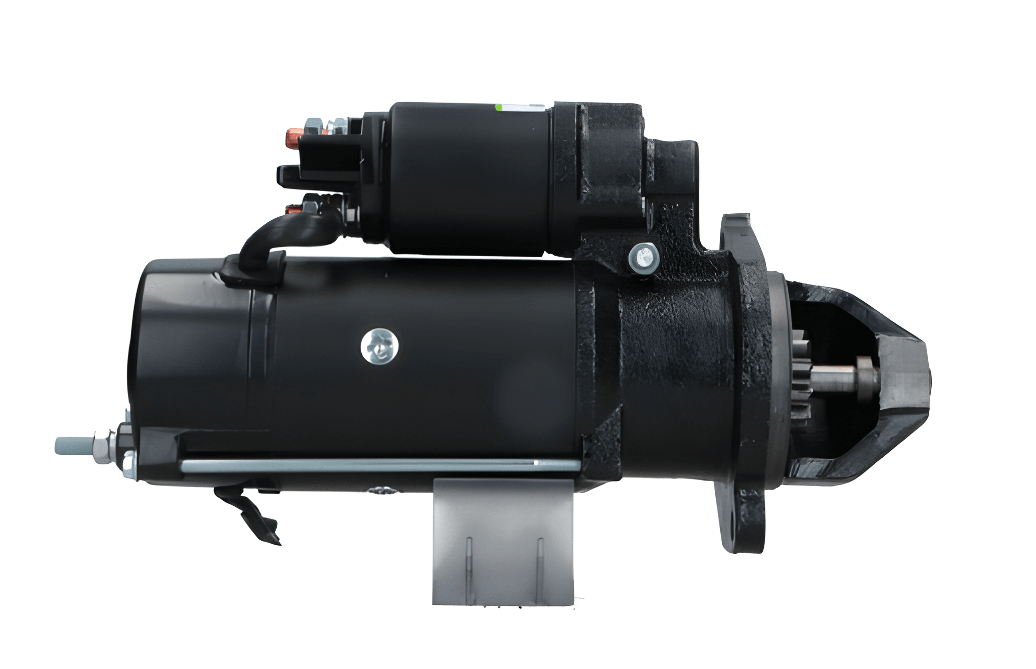 side view of A black JCB 12V starter motor for a vehicle, 4.2KW with visible mounting points and electrical connectors.