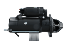 side view of A black JCB 12V starter motor for a vehicle, 4.2KW with visible mounting points and electrical connectors.