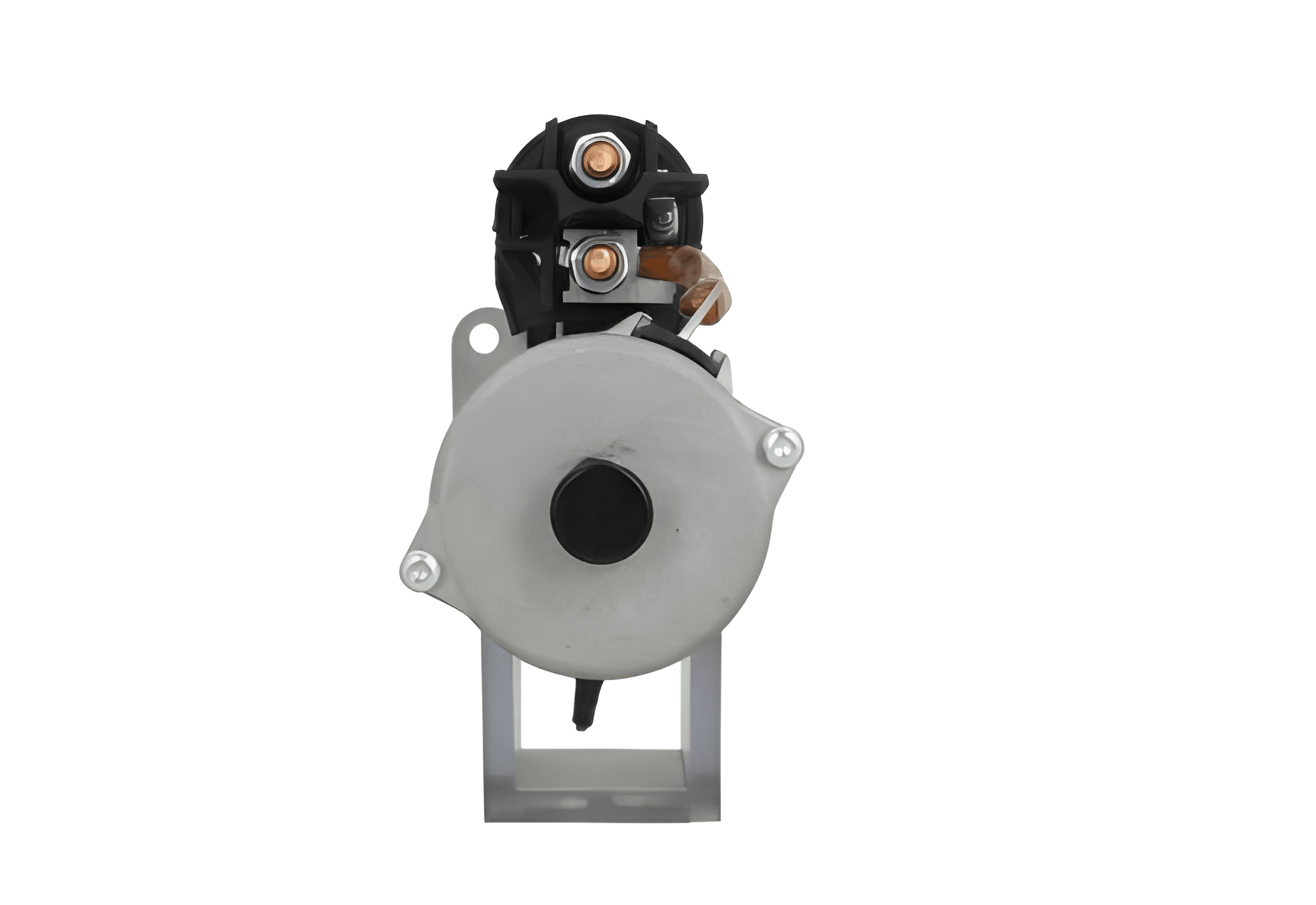 back view of A John Deere tractor starter motor with a silver and gray color scheme.