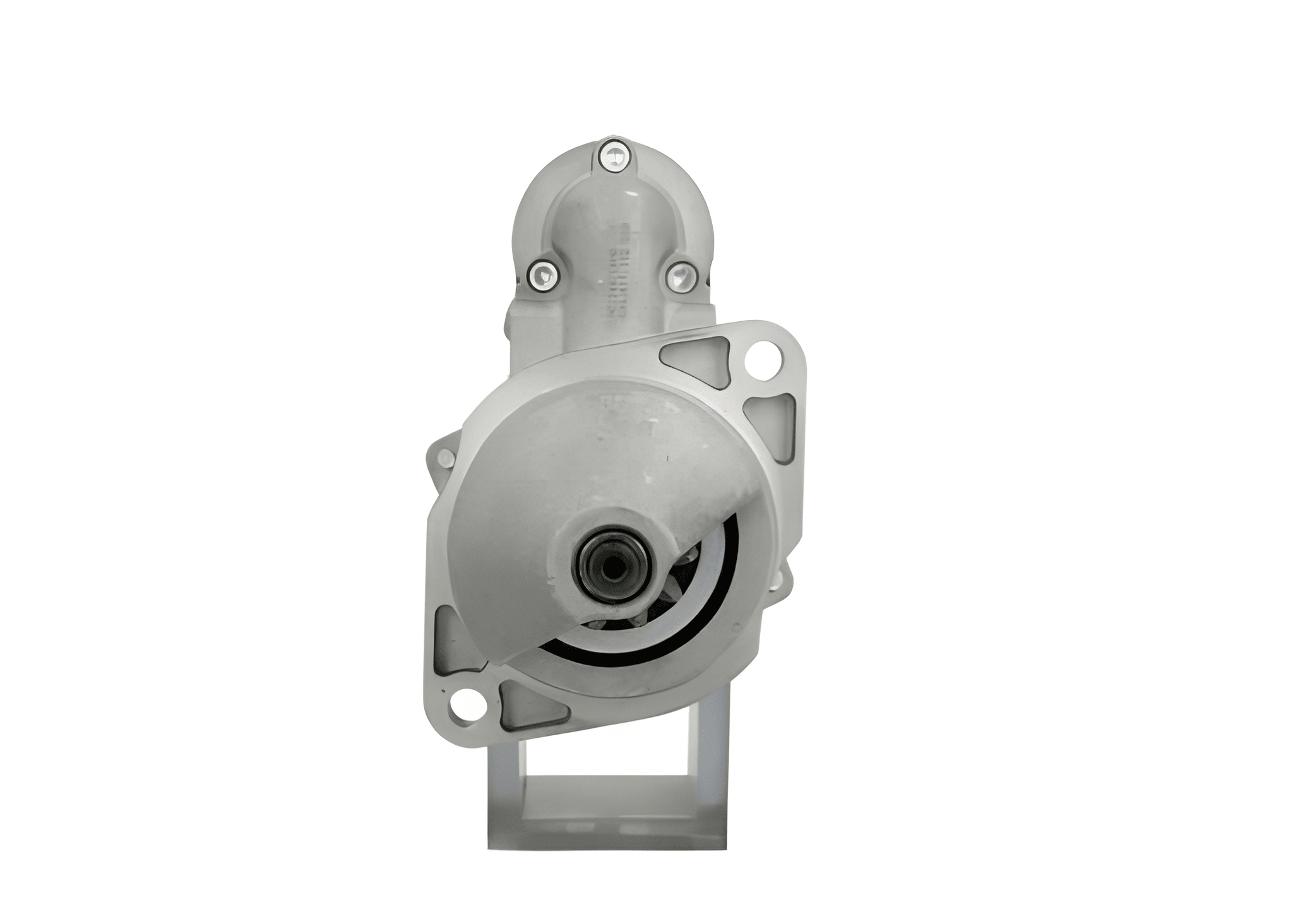 front view of A John Deere tractor starter motor with a silver and gray color scheme.