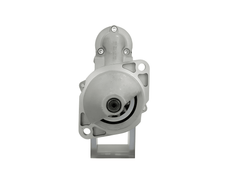 front view of A John Deere tractor starter motor with a silver and gray color scheme.