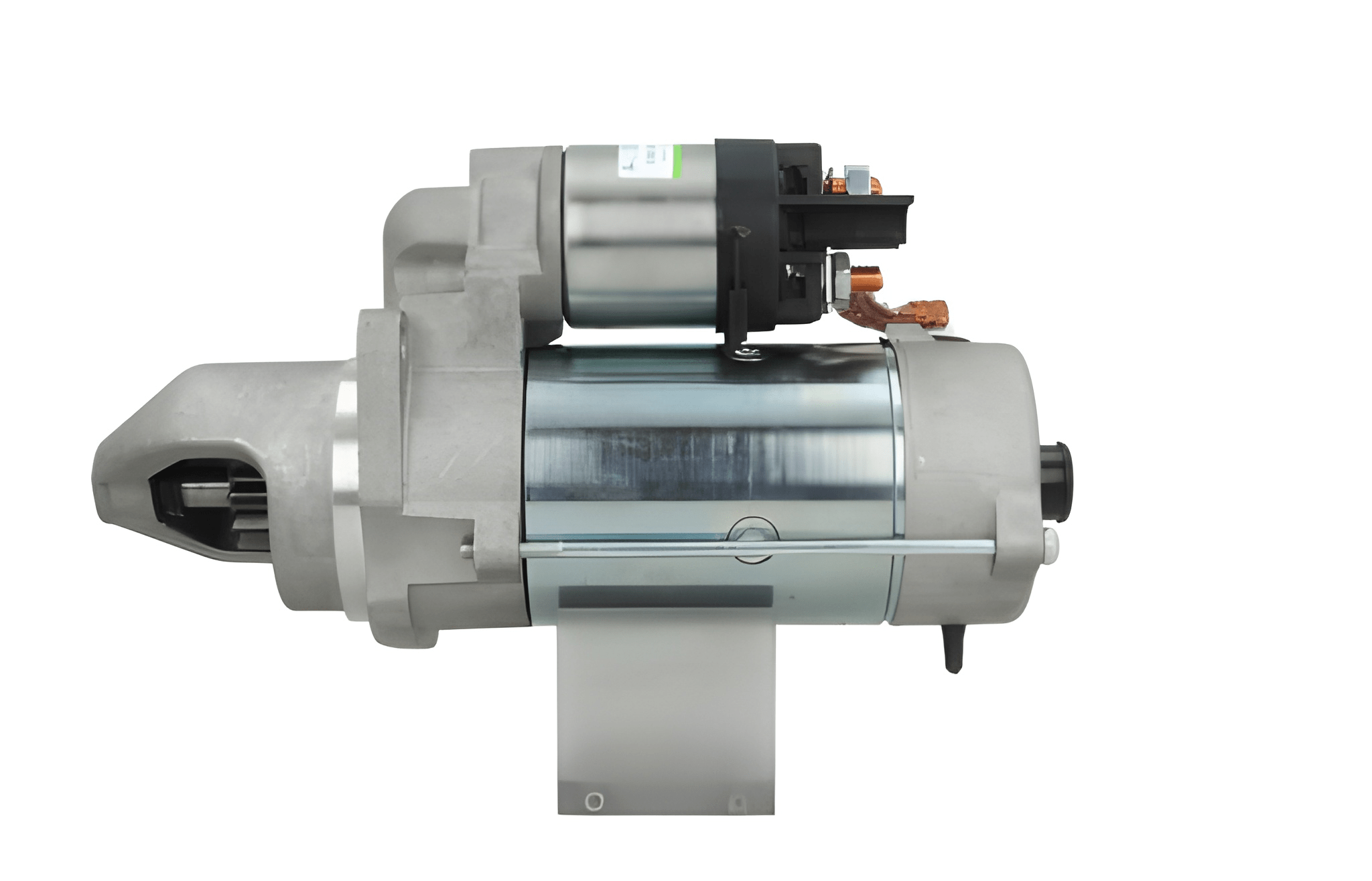 A John Deere tractor starter motor with a silver and gray color scheme. on a white background