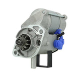 A 12V new Kubota starter motor with 11 teetj and a silver and gray body, featuring mounting points and a blue electrical connector. with a power of 1.4KW