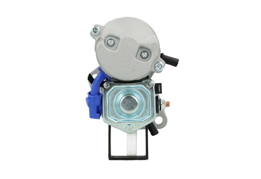 back view of A 12V new Kubota starter motor with 11 teeth and a silver and gray body, featuring mounting points and a blue electrical connector. with a power of 1.4KW