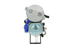 back view of A 12V new Kubota starter motor with 11 teeth and a silver and gray body, featuring mounting points and a blue electrical connector. with a power of 1.4KW