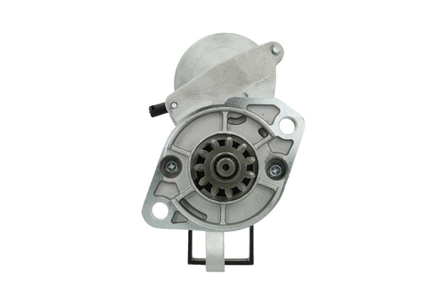 front view of A 12V new Kubota starter motor with 11 teeth and a silver and gray body, featuring mounting points and a blue electrical connector. with a power of 1.4KW