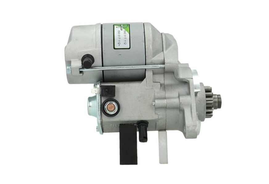 side view of A 12V new Kubota starter motor with 11 teeth and a silver and gray body, featuring mounting points and a blue electrical connector. with a power of 1.4KW