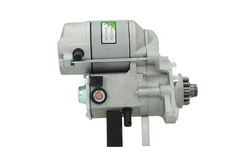 side view of A 12V new Kubota starter motor with 11 teeth and a silver and gray body, featuring mounting points and a blue electrical connector. with a power of 1.4KW