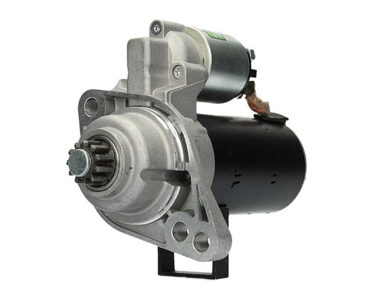 A new 12V starter motor 1.7KW for Volkswagen, Seat, Skoda and Audi vehicles, displaying the front left side with 11 teeth and a 76.1 mm spigot.