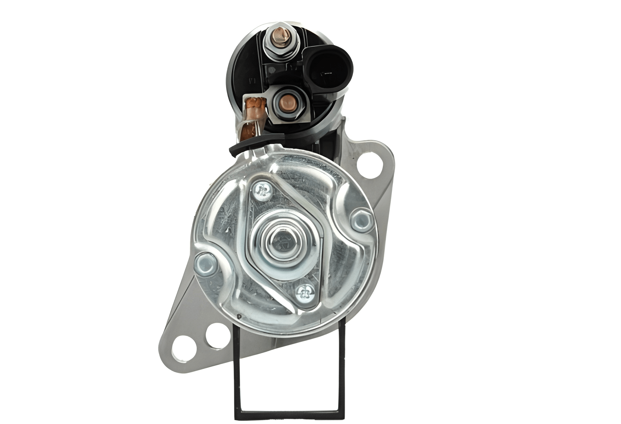 rear view of a new 12V starter motor 1.7KW for Volkswagen, Seat, Skoda and Audi vehicles, displaying the front left side with 11 teeth and a 76.1 mm spigot.