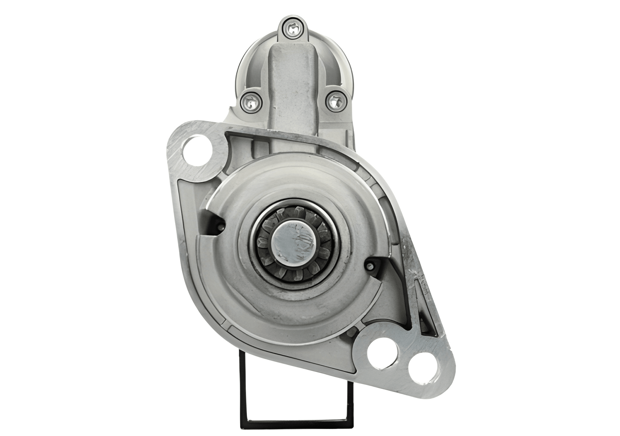 front view of a new 12V starter motor 1.7KW for Volkswagen, Seat, Skoda and Audi vehicles, displaying the front left side with 11 teeth and a 76.1 mm spigot.