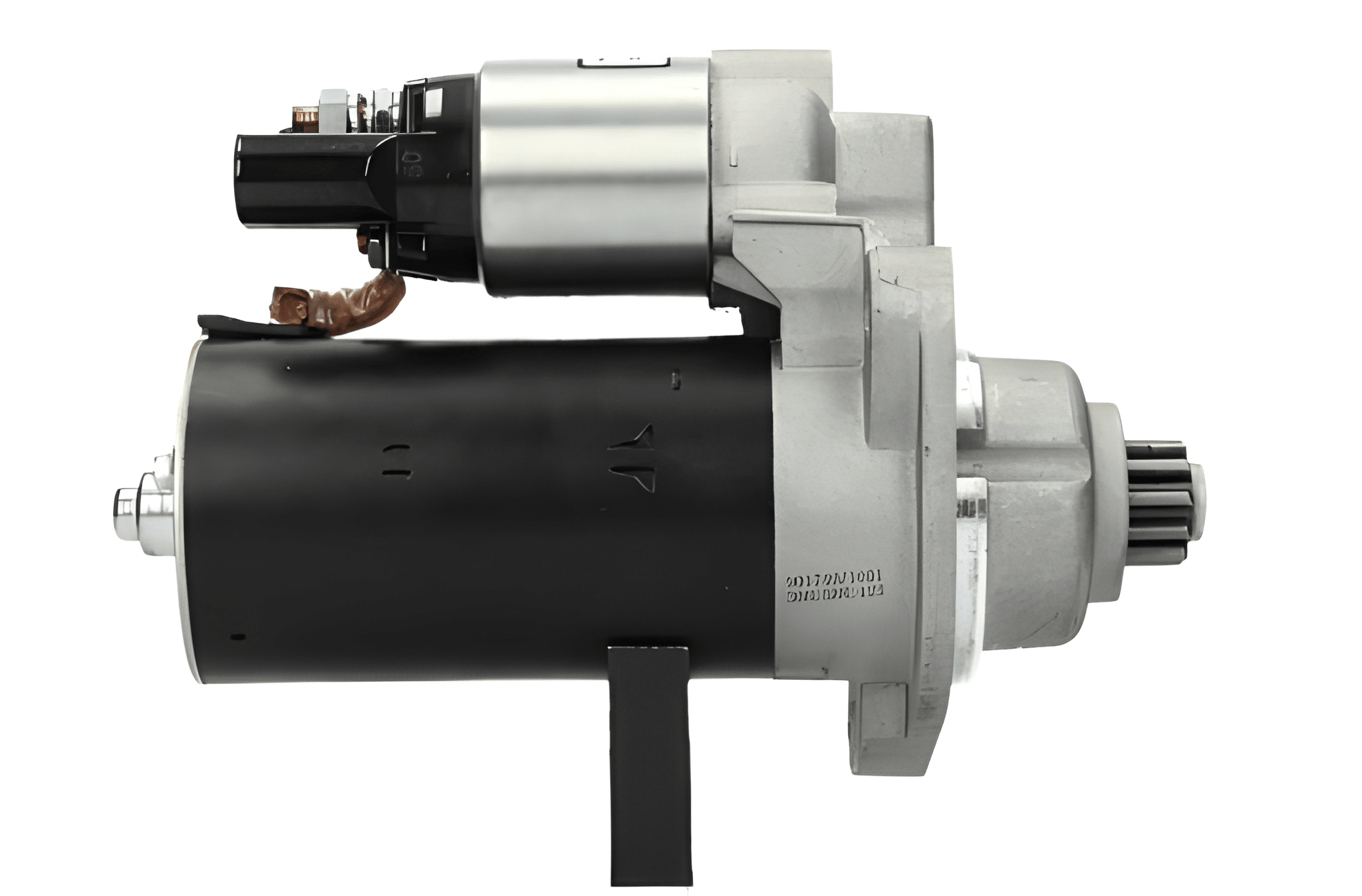side view of a new 12V starter motor 1.7KW for Volkswagen, Seat, Skoda and Audi vehicles, displaying the front left side with 11 teeth and a 76.1 mm spigot.