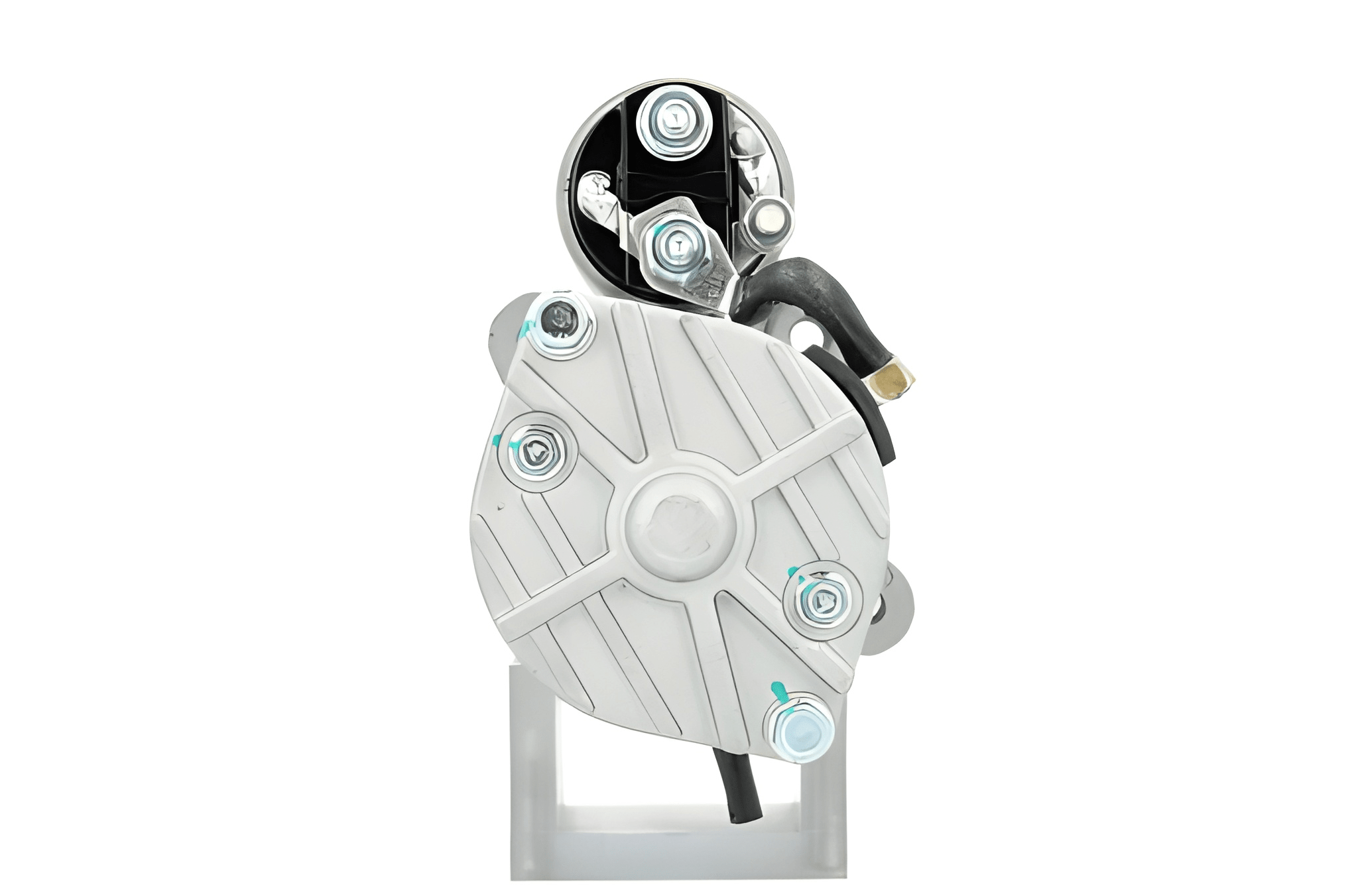 A new 12V starter motor 2.2kw for Ford and volvo vehicles, displaying the back side with multiple mounting holes, a spigot, and 11 teeth visible.