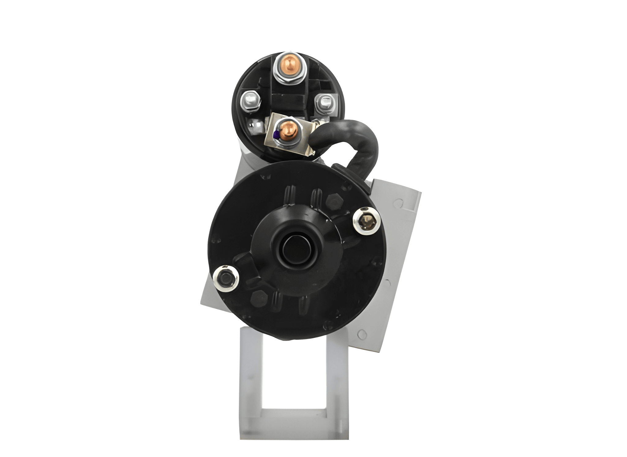 back view of A new 12V starter motor 1.7KW for Volvo and yamaha vehicles, showing the metal body with a silver finish and electrical connectors.