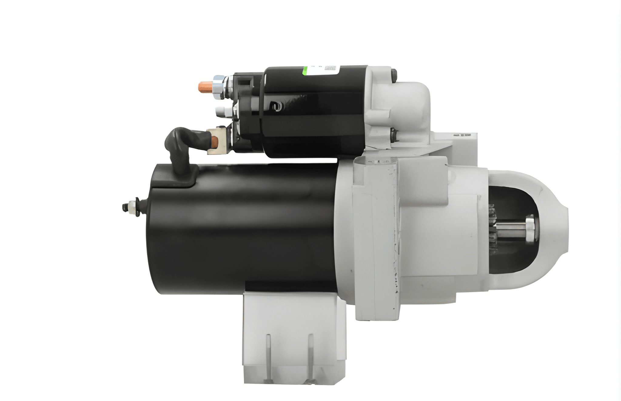 side view of A new 12V starter motor 1.7KW for Volvo and yamaha vehicles, showing the metal body with a silver finish and electrical connectors.