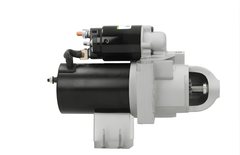 side view of A new 12V starter motor 1.7KW for Volvo and yamaha vehicles, showing the metal body with a silver finish and electrical connectors.