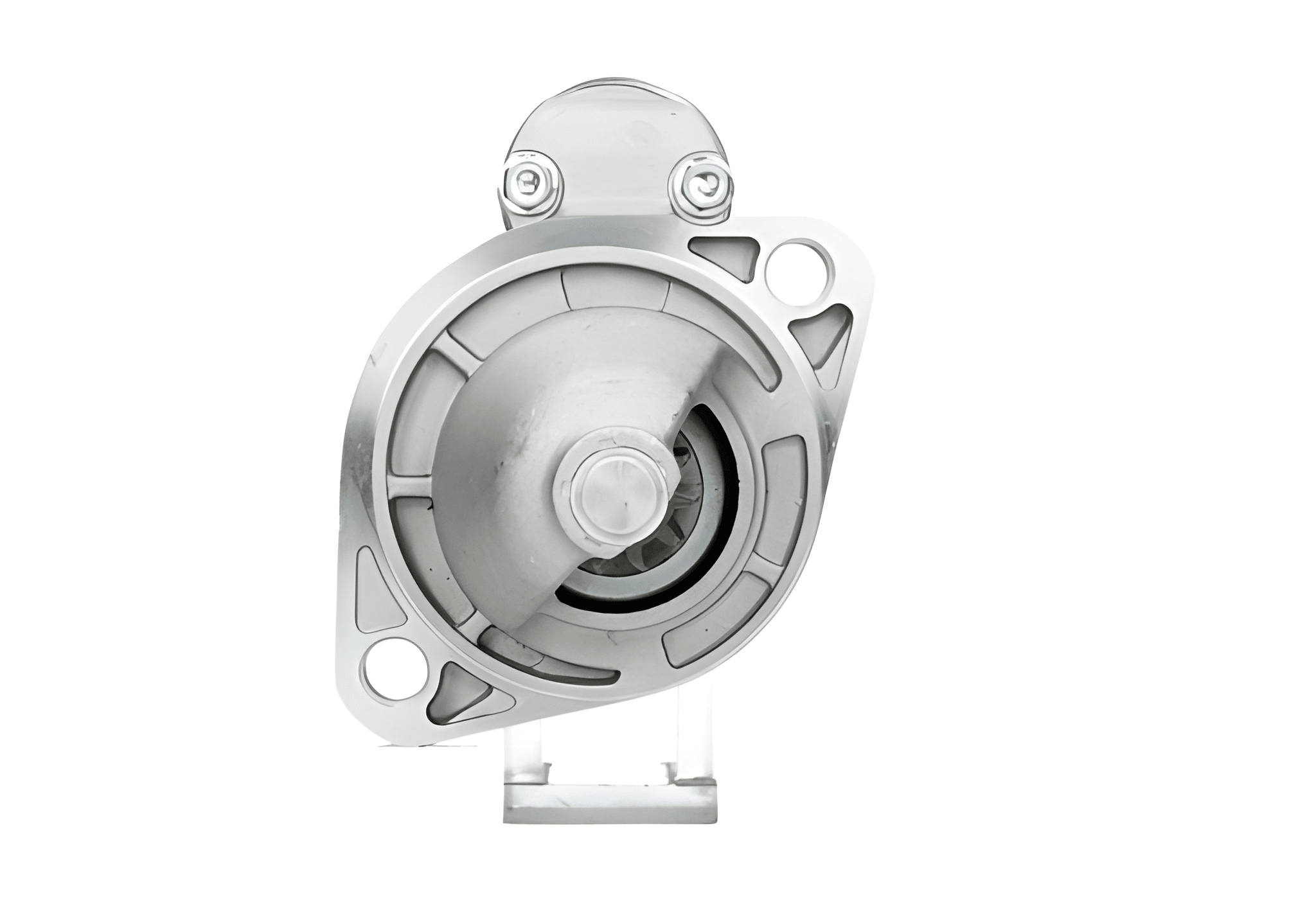 front view of A new 12V Yanmar starter motor 1.2KW for vehicles, 11 teeth, displaying metal components and a silver color.
