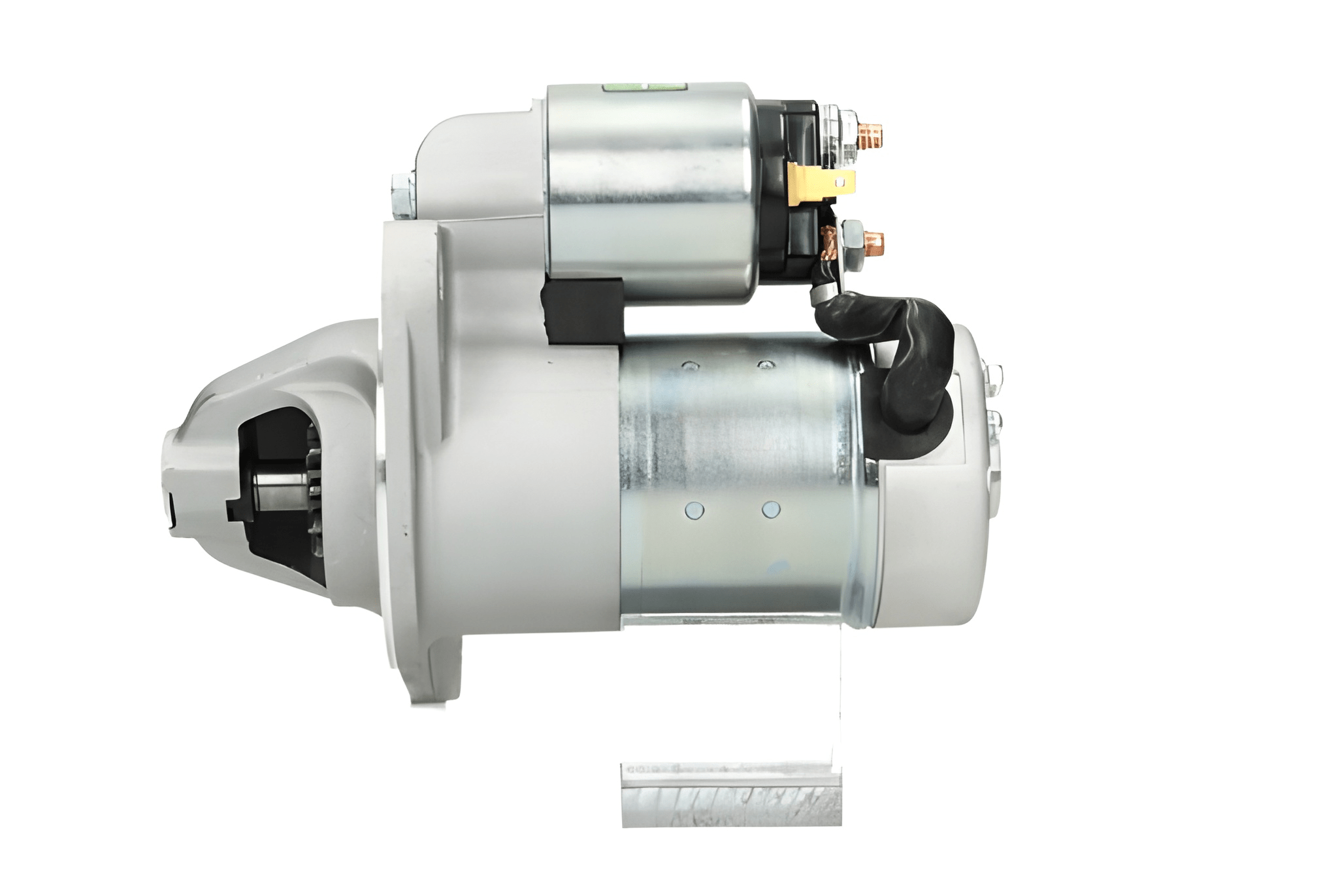 side view of A new 12V Yanmar starter motor 1.2KW for vehicles, 11 teeth, displaying metal components and a silver color.