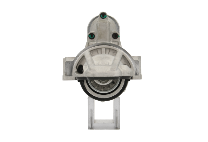 front view of A new Ford starter motor with a 1.7 kW power rating and a 12V voltage rating, displayed against a white background. comes with 11 teeth