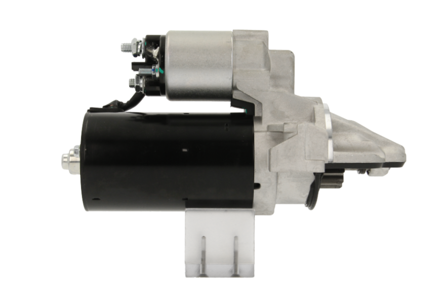side view of A new Ford starter motor with a 1.7 kW power rating and a 12V voltage rating, displayed against a white background. comes with 11 teeth