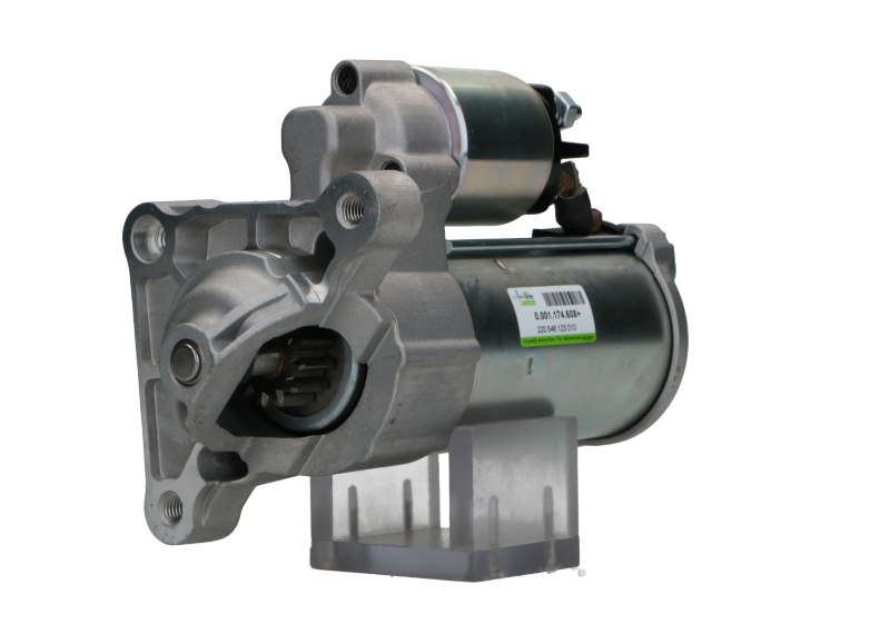 A new 12V starter motor 1.7KW for Citroën, Peugeot, Opel, Vauxhall vehicles, 12 teeth featuring a metallic body with mounting holes and electrical connectors.
