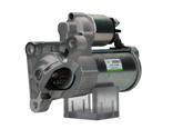 A new 12V starter motor 1.7KW for Citroën, Peugeot, Opel, Vauxhall vehicles, 12 teeth featuring a metallic body with mounting holes and electrical connectors.