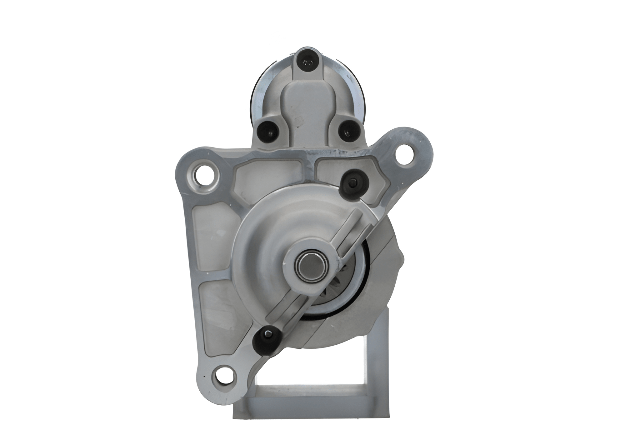 front view of A new 12V starter motor 1.7KW for Citroën, Peugeot, Opel, Vauxhall vehicles, 12 teeth featuring a metallic body with mounting holes and electrical connectors.