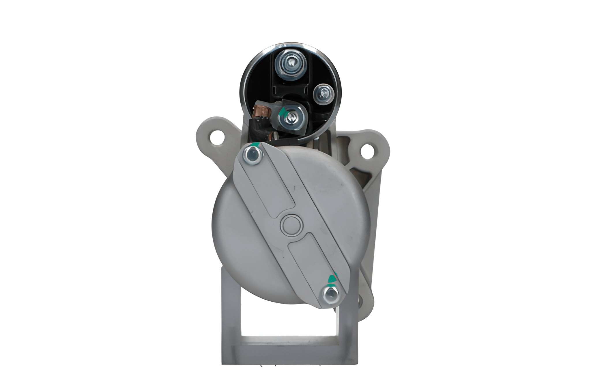 rear view of A new 12V starter motor 1.7KW for Citroën, Peugeot, Opel, Vauxhall vehicles, 12 teeth featuring a metallic body with mounting holes and electrical connectors.