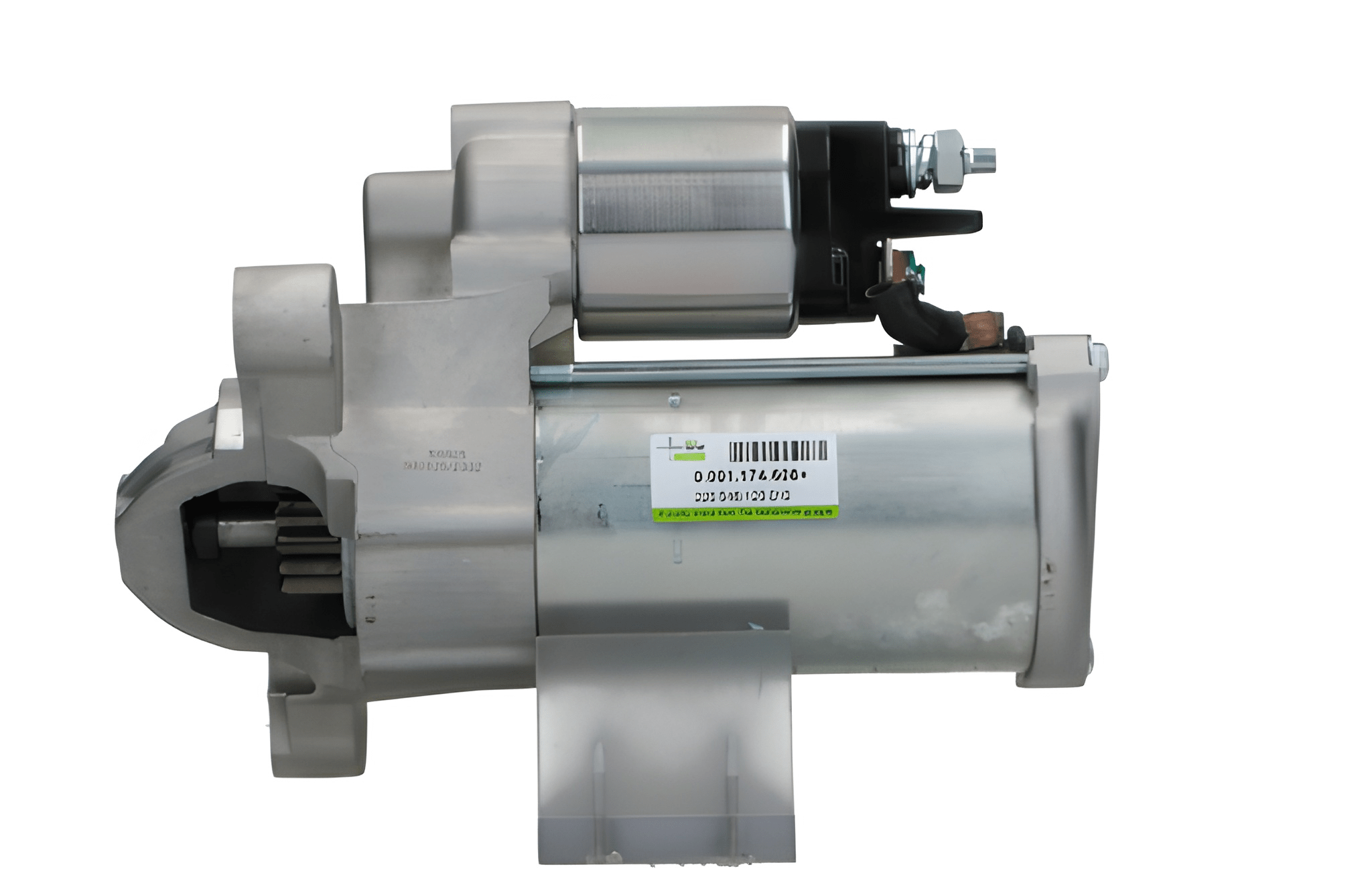 side view of A new 12V starter motor 1.7KW for Citroën, Peugeot, Opel, Vauxhall vehicles, 12 teeth featuring a metallic body with mounting holes and electrical connectors.