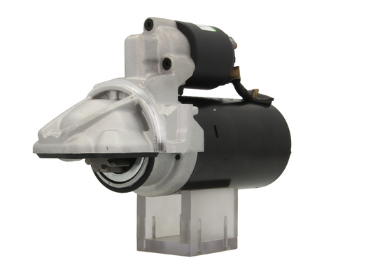 A new 12V starter motor 2KW for Ford, Peugeot, citroen, land rover and fiat vehicles, showing the complete unit with wiring and housing.