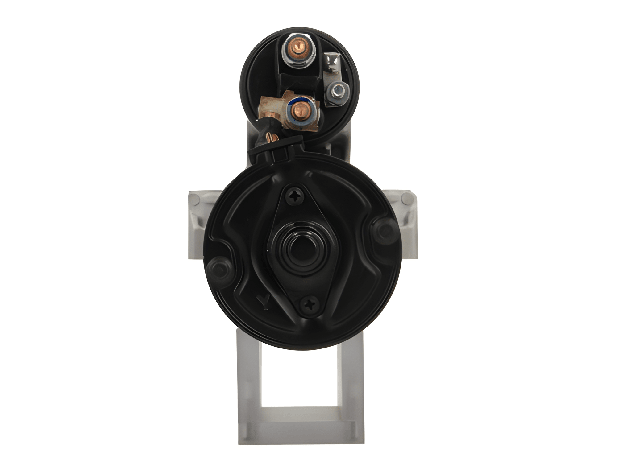 rear view of A new 12V starter motor 2KW for Ford, Peugeot, citroen, land rover and fiat vehicles, showing the complete unit with wiring and housing.