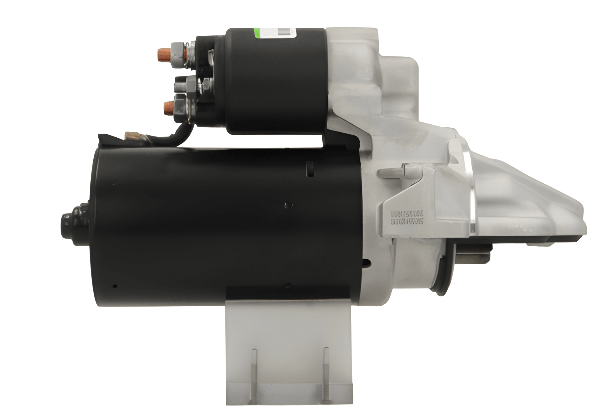 side view of A new 12V starter motor 2KW for Ford, Peugeot, citroen, land rover and fiat vehicles, showing the complete unit with wiring and housing.