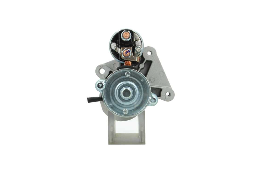 back view of A new 12V starter motor for Ford and mazda vehicles with 12 teeth and power of 1.4KW, showing the metal body and electrical connectors.