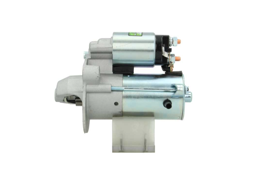 side view of A new 12V starter motor for Ford and mazda vehicles with 12 teeth and power of 1.4KW, showing the metal body and electrical connectors.