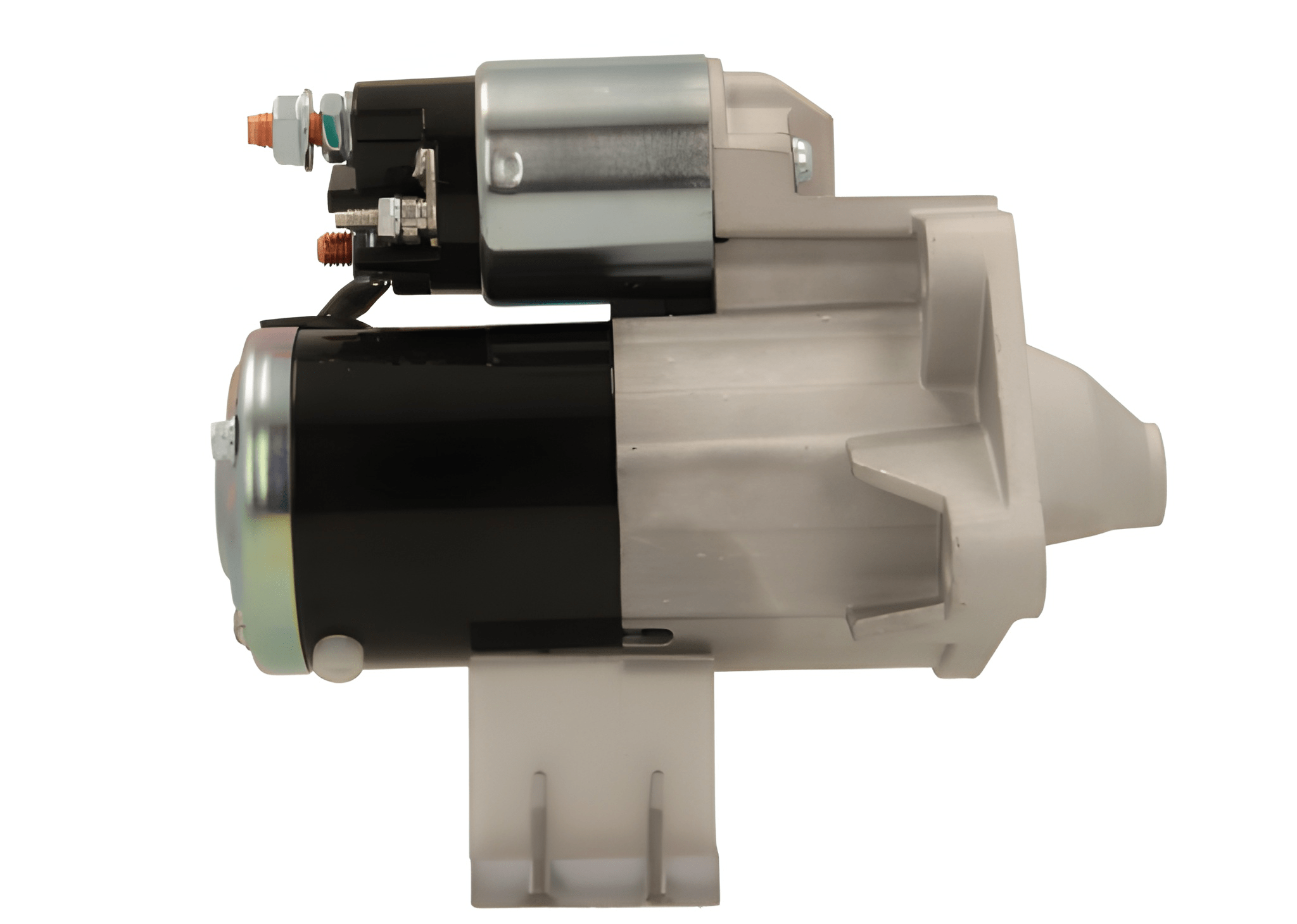 side view of A new 12V starter motor for nissan, vauxhall, opel and renault vehicles with 1.4 kW power and 12 teeth