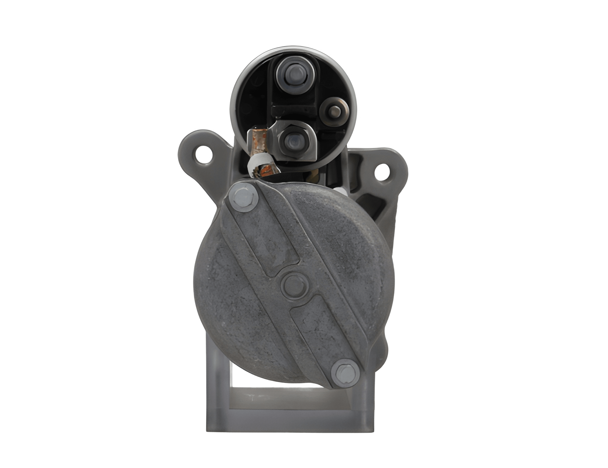 rear view of A new 12V 1.7KW starter motor with 12 teeth for Citroën, Opel, Vauxhall and Peugeot vehicles, showing a metallic body with a solenoid and electrical connectors.