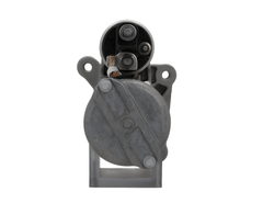 rear view of A new 12V 1.7KW starter motor with 12 teeth for Citroën, Opel, Vauxhall and Peugeot vehicles, showing a metallic body with a solenoid and electrical connectors.