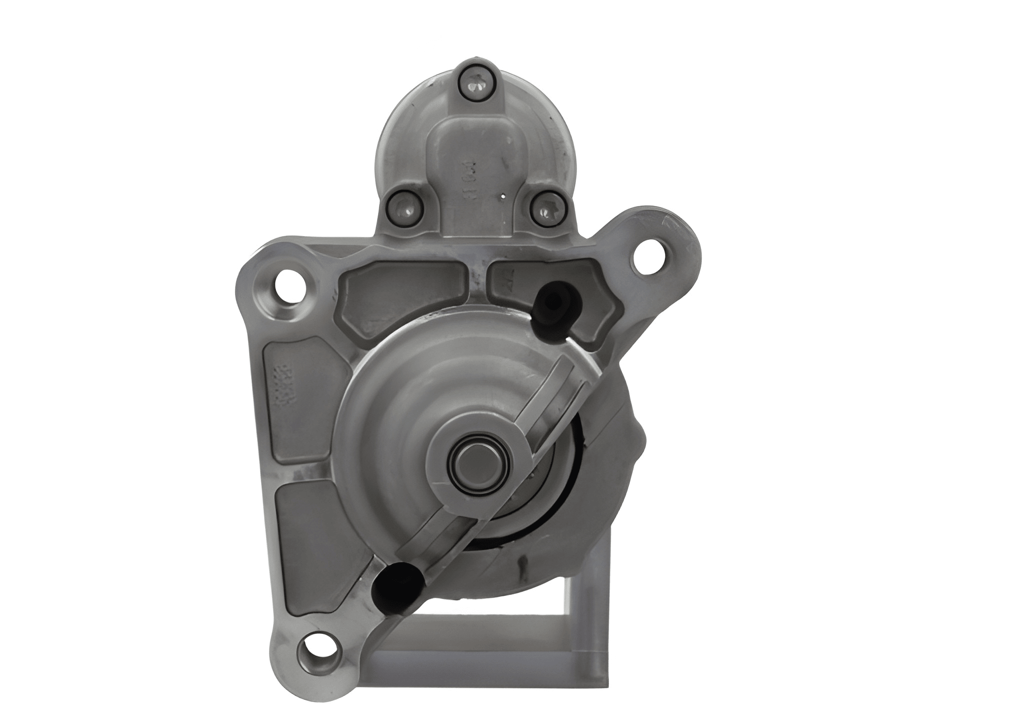 front view of A new 12V 1.7KW starter motor with 12 teeth for Citroën, Opel, Vauxhall and Peugeot vehicles, showing a metallic body with a solenoid and electrical connectors.