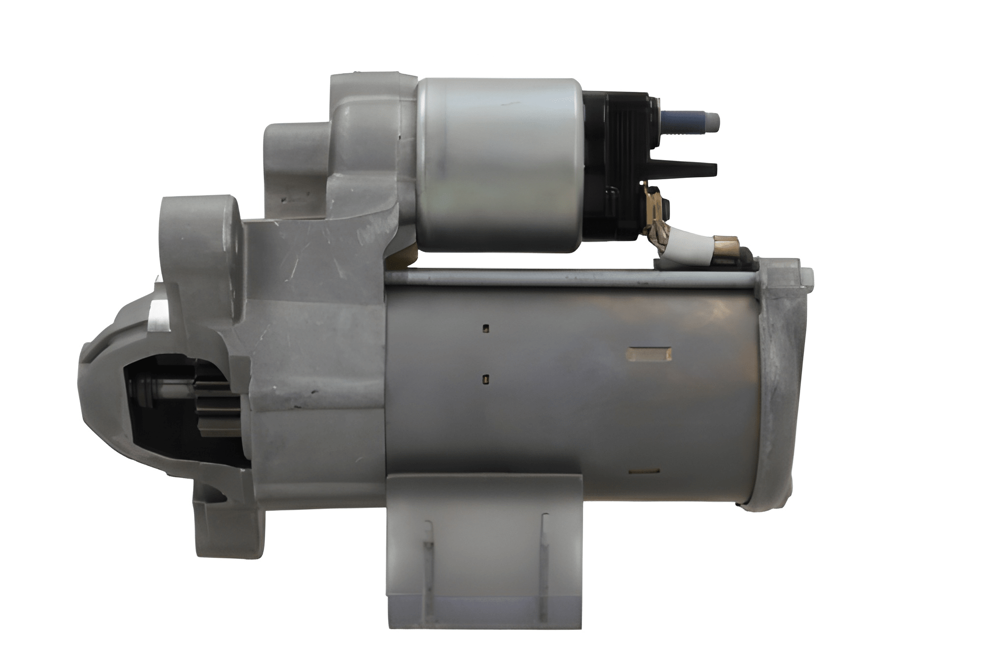 side view of A new 12V 1.7KW starter motor with 12 teeth for Citroën, Opel, Vauxhall and Peugeot vehicles, showing a metallic body with a solenoid and electrical connectors.