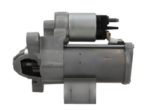 side view of A new 12V 1.7KW starter motor with 12 teeth for Citroën, Opel, Vauxhall and Peugeot vehicles, showing a metallic body with a solenoid and electrical connectors.