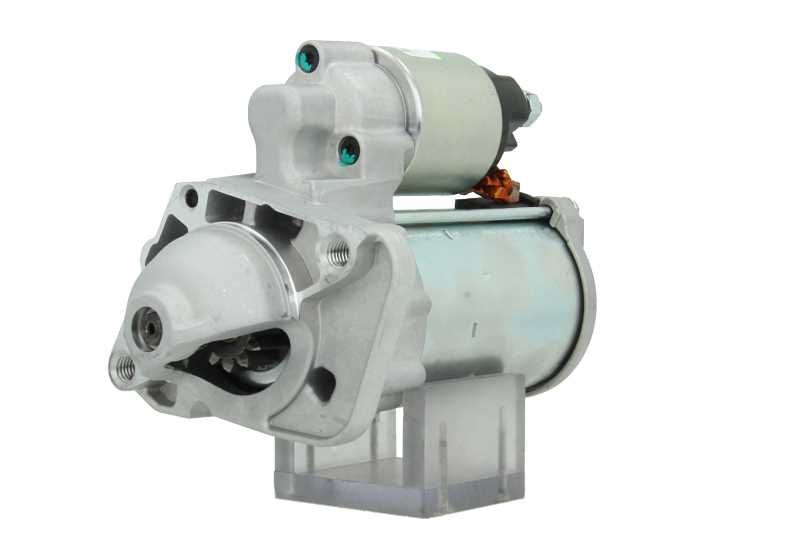 A new 12V starter Renault 1.7 kw, with visible metal and electrical components and 9 teeth, against a white background.