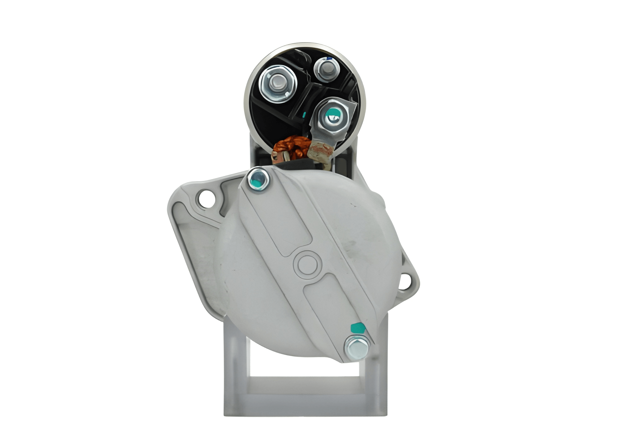 back view of A new 12V starter Renault 1.7 kw, with visible metal and electrical components and 9 teeth, against a white background.