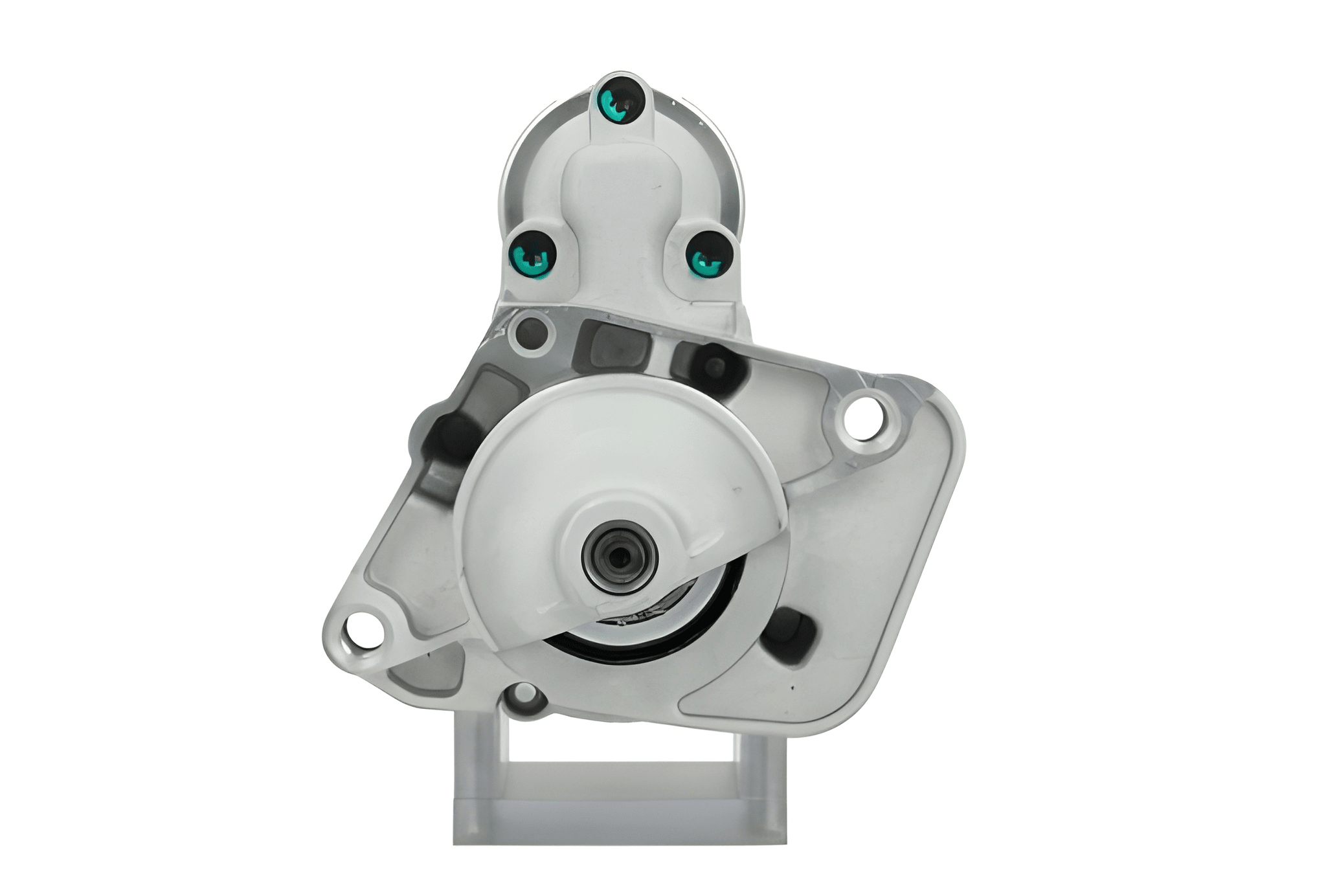 front view of A new 12V starter Renault 1.7 kw, with visible metal and electrical components and 9 teeth, against a white background.