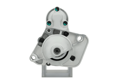 front view of A new 12V starter Renault 1.7 kw, with visible metal and electrical components and 9 teeth, against a white background.
