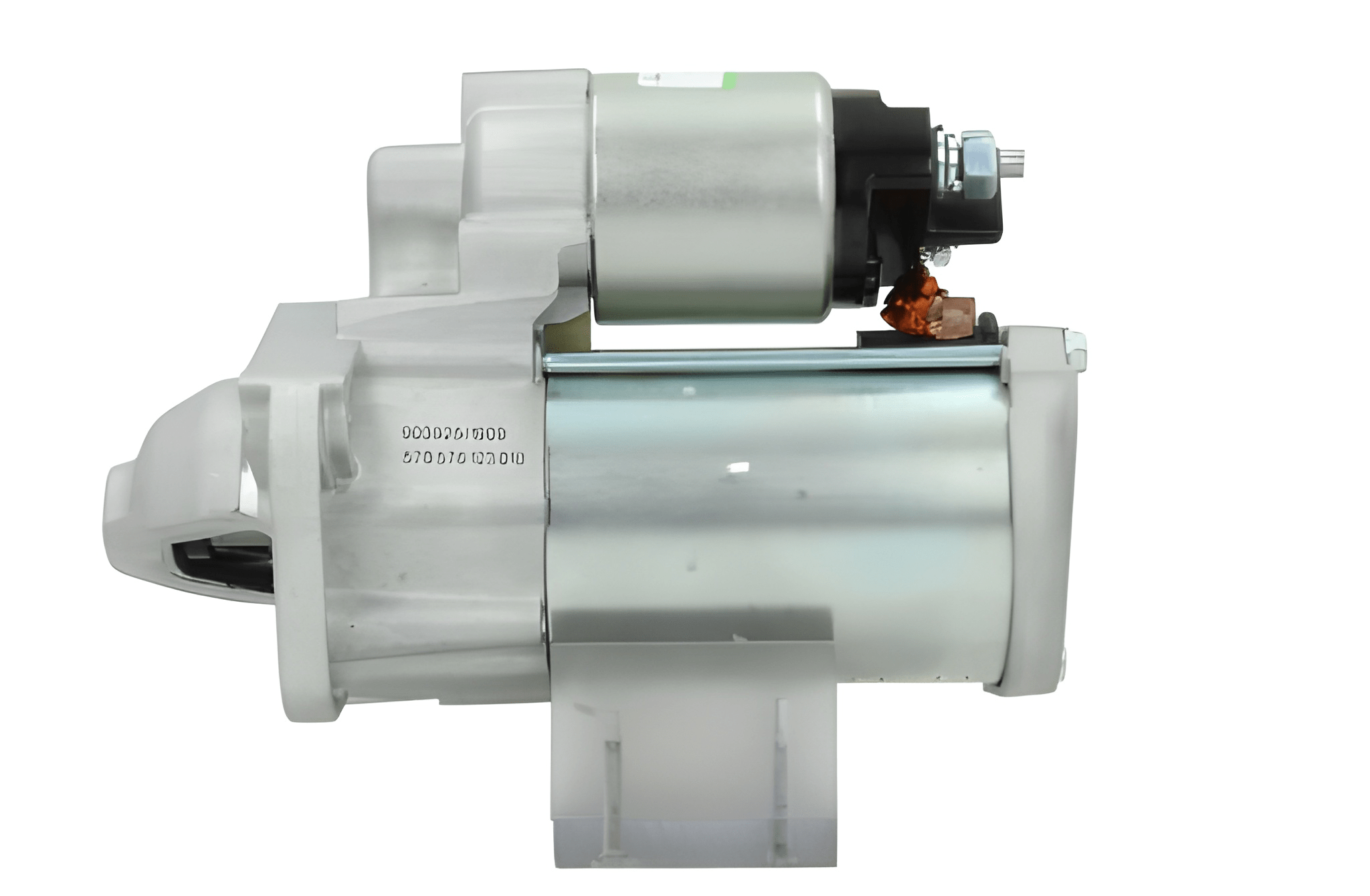 side view of A new 12V starter Renault 1.7 kw, with visible metal and electrical components and 9 teeth, against a white background.