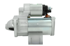 side view of A new 12V starter Renault 1.7 kw, with visible metal and electrical components and 9 teeth, against a white background.