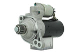 A new 12V starter motor for Audi, Skoda, Seat and Volkswagen vehicles, 2.2KW showcasing its metallic body and electrical connectors. 13 teeth