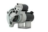 A new 12V starter motor with a 1.4KW power rating built for Citroën, Vauxhall, Opel and Peugeot vehicles, featuring a metallic body with a black and silver color scheme.
